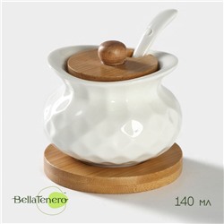 Сахарница с ложкой на бамбуковой подставке BellaTenero, 140 мл, фарфор, белая