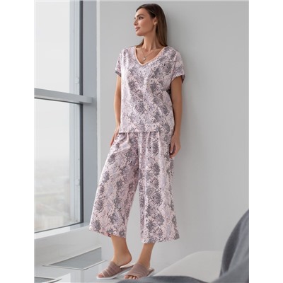 Укороченные широкие брюки кюлоты c принтом на резинке из 100% хлопка