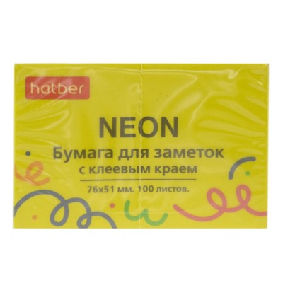 Бумага для заметок с клеевым краем 76х51 мм 100 листов "NEON" желтая 090327 Хатбер