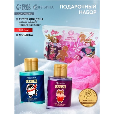 Подарочный набор новогодний, косметичка, гель для душа 2 шт х 100 мл и мочалка для тела, URAL LAB