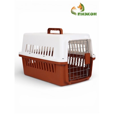 Переноска для животных, 49×31×31 см, с металлической дверью, пластик, белая, коричневая