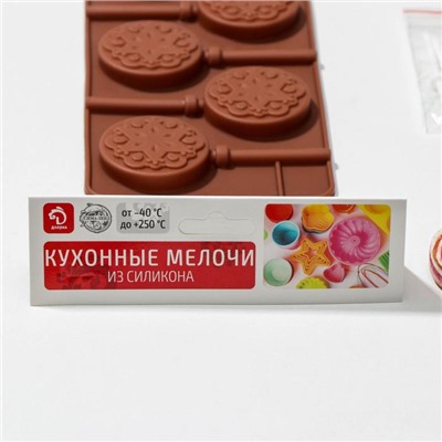 Форма для леденцов новогодняя Доляна «Морозко», силикон, 24×9.5×1.5 см, 6 ячеек (4×4 см), с палочками, голубая