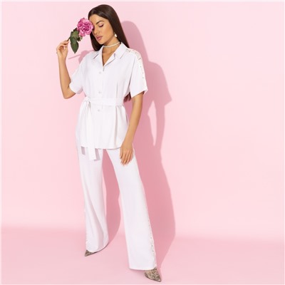 Брючный костюм со вставками из кружева, Престижная номинация (серый, 2 в 1, с поясом)