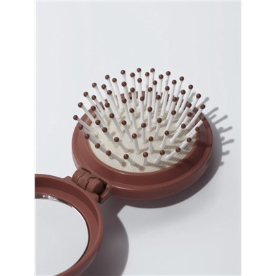 Расчёска массажная «Капибара», складная, с зеркалом, d=6.5 см, коричневая