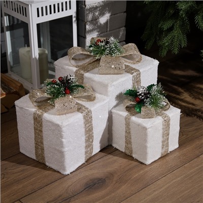 Светодиодная фигура «Подарки с бежевой лентой» 15, 20, 25 см, текстиль, металл, 220 В, свечение тёплое белое