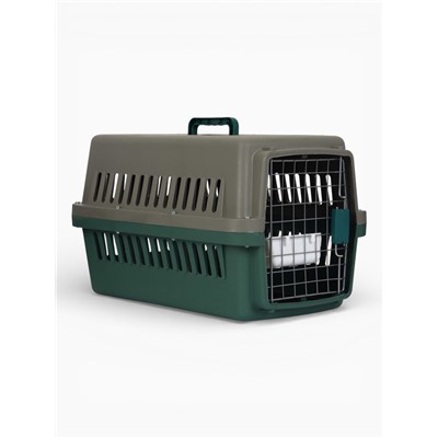 Переноска для животных, 59×36×35 см, с сеткой и чашей, пластик, серая, зелёная