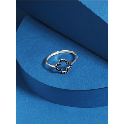 Кольцо из серебра с натуральной чёрной шпинелью родированное - Клевер, четырехлистник 925 пробы к-7351чр416