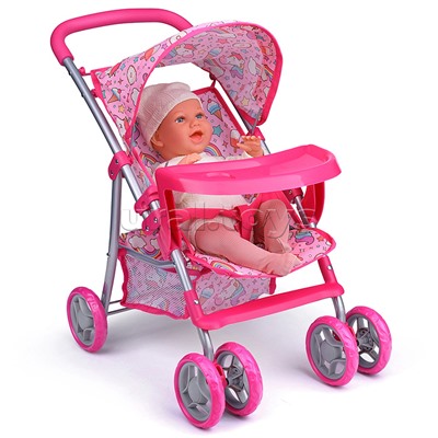 Коляска для кукол, металлическая, складная, прогулочная, со столиком, с тентом, с корзиной, в пакете