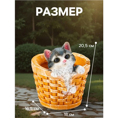 Декоративное кашпо для цветов «Котёнок в круглой корзине», 18×16.5×20.5 см, полистоун