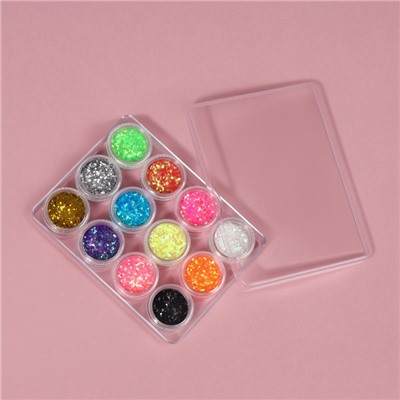 Блёстки для декора, крупные, набор 12 баночек, в пластиковом органайзере, разноцветные