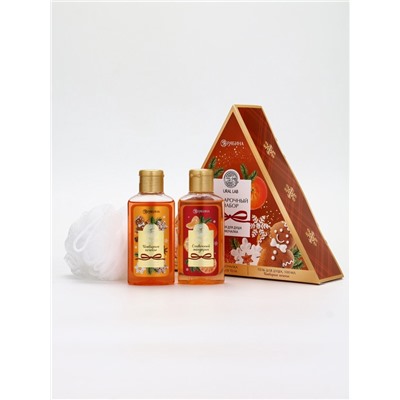 Подарочный набор новогодний: гель для душа 2 шт. × 100 мл, мочалка для тела, аромат мандарин и тыква, URAL LAB