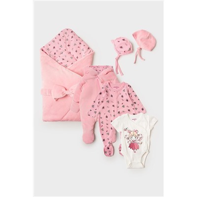 Комплект детский трикотажный для девочек: конверт-одеяло, комбинезон – 2 шт, боди, чепчик, шапочка PLAYTODAY, 1240787