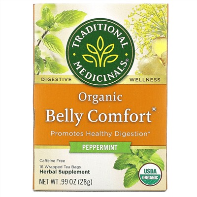 Traditional Medicinals, Organic Belly Comfort, перечная мята, без кофеина, 16 чайных пакетиков, 28 г (0,99 унции)