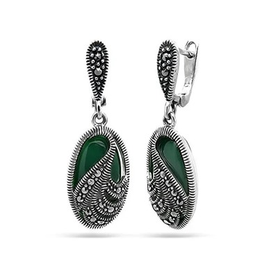 Серьги из серебра зеленый агат, марказит, SL-AGA75