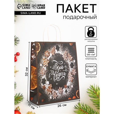 Пакет бумажный подарочный новогодний крафт «Верь в чудеса» 32×26×11 см