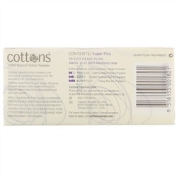 Cottons, Тампоны из 100% чистого хлопка, Super Plus, без запаха, 16 штук