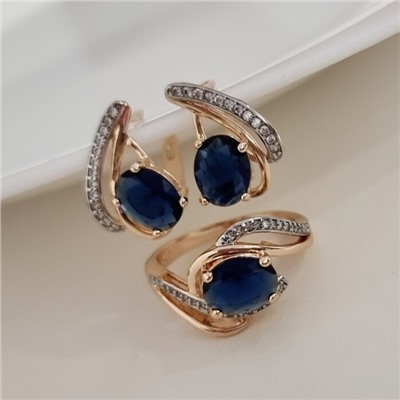 Комплект ювелирной бижутерии коллекция "Дубай" серьги и кольцо 17 р, покрытие позолота, вставка: фианиты, цвет: синий и прозрачный, арт.215.473-17