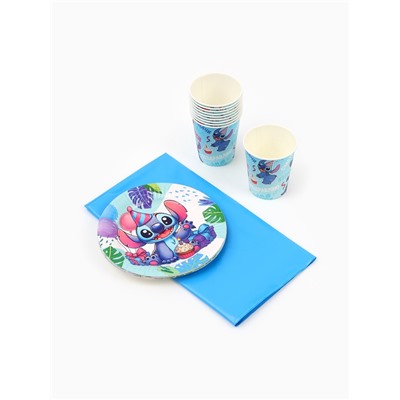 Посуда одноразовая бумажная на 10 персон: стаканы, тарелки, скатерть, Стич