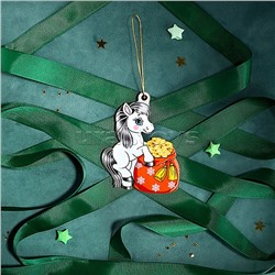 Новогодняя ёлочная подвеска из дерева "Пони с мешком денег" 9 см