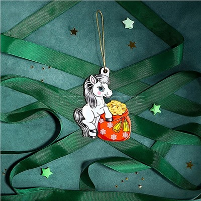 Новогодняя ёлочная подвеска из дерева "Пони с мешком денег" 9 см