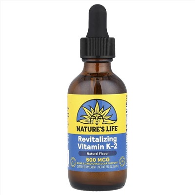 Nature's Life, Восстанавливающий витамин K2, натуральный, 500 мкг, 59 мл (2 жидк. Унции)