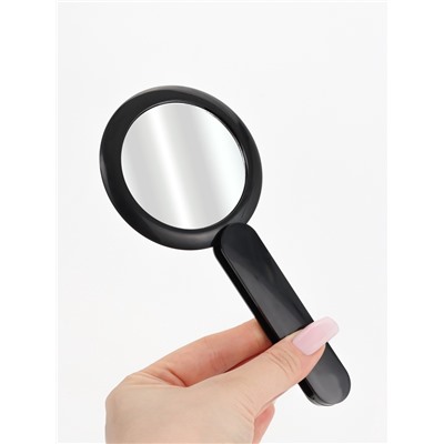 Зеркало с ручкой, складное, двустороннее, с увеличением х2, 8.3×10×1.3 см, (d=6.4 см), чёрное