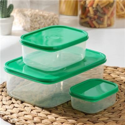 Набор контейнеров для хранения еды Доляна, прямоугольные, 3 шт. 150 мл, 500 мл, 1.2 л, пластик, зелёный