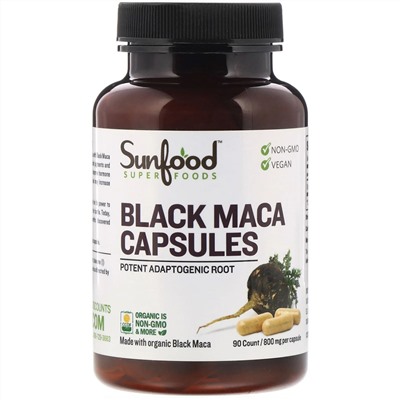 Sunfood, Black Maca Capsules, 800 mg, 90 Capsules