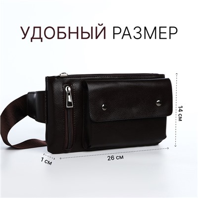 Сумка поясная на молнии, с наружными карманами, 26×1×14 см, коричневая