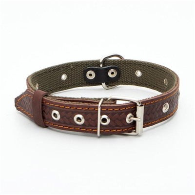 Ошейник комбинированный безразмерный, кожа/брезент, 60×3 см, ОШ 30-57 см, коричневый/зелёный