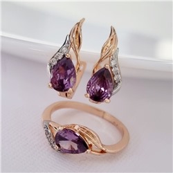 Комплект ювелирной бижутерии коллекция "Дубай" серьги и кольцо 17 р, покрытие позолота, вставка: фианиты, цвет: фиолетовый и прозрачный, арт.215.371-17