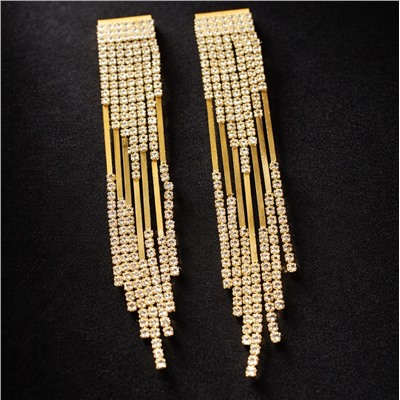 Серьги длинные женские вечерние со стразами, цвет: золотистый и прозрачный, арт.012.037