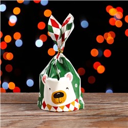 Пакет полиэтиленовый подарочный с ушками «Новогодний медведь», 13×23 см