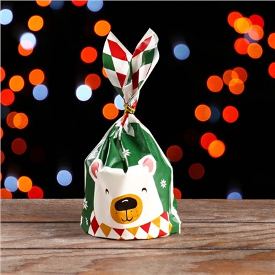 Пакет полиэтиленовый подарочный с ушками «Новогодний медведь», 13×23 см