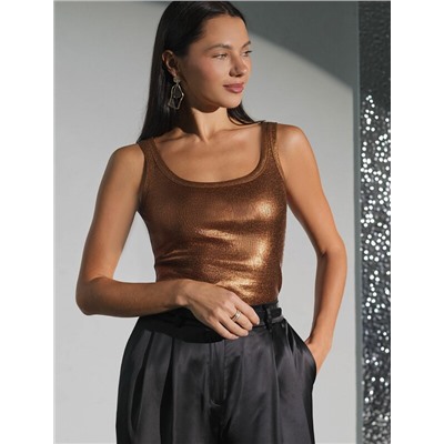 Топ в рубчик с широкими лямками с матовым покрытием металлик из хлопка с эластаном