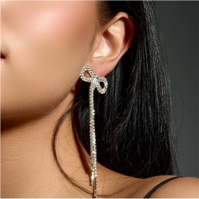 Серьги вечерние длинные бантики со стразами, цвет серебристый, арт. 006.040