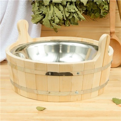 Шайка - таз для бани и сауны, 9 л, деревянная, нержавеющая вставка, «Добропаровъ»