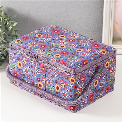Шкатулка для рукоделия и шитья «Нарисованные цветы на синем», хранение ниток, иголок, мелочи, 19×26×14.5 см