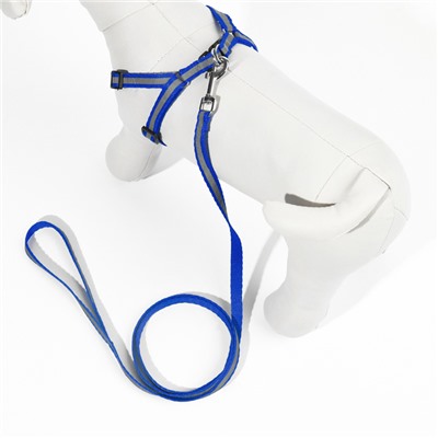 Комплект со светоотражающей лентой, ширина 1 см, поводок 120 см, шлейка 26-40 см, синий