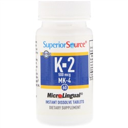 Superior Source, витамин K2, 500 мкг, 60 быстрорастворимых таблеток MicroLingual