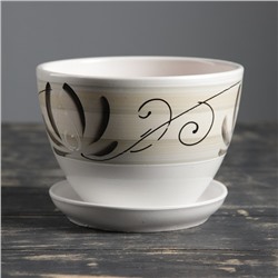 Горшок для цветов «Лотос», керамический, с поддоном, 1.45 л, белый с зелёными полосками