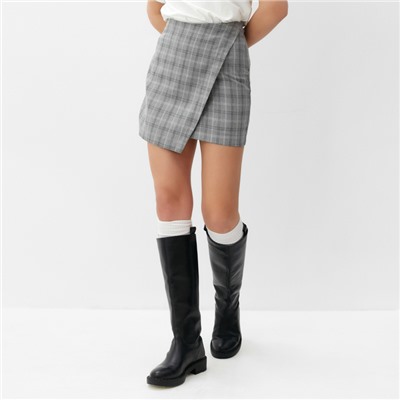 Юбка мини на запах женская MINAKU: Casual Collection, клетка серая, размер 44