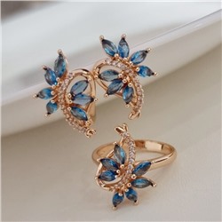 Комплект ювелирной бижутерии коллекция "Дубай" серьги и кольцо 17 р, покрытие позолота, вставка: фианиты, цвет: голубой и прозрачный, арт.215.489-17