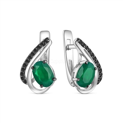 Серьги из серебра с натуральным зелёным агатом и фианитами родированные 925 пробы 2-436рч406216