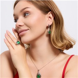 Крупный комплект ювелирной бижутерии серьги, кулон и кольцо 20 р, покрытие посеребрение, вставка: фианиты и искусственный камень кошачий глаз, цвет: графитовый и зеленый, арт.314.921-20