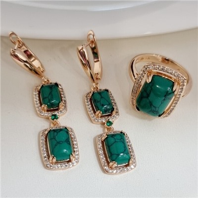 Комплект ювелирной бижутерии коллекция "Дубай" серьги и кольцо 20 р, покрытие позолота, вставка: фианиты и искусственный камень, цвет: изумрудный и прозрачный, арт.313.163-20