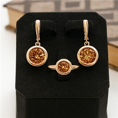 Комплект ювелирной бижутерии коллекция "Дубай" серьги и кольцо 18 р, покрытие позолота, вставка: фианит, цвет: шампань, арт.313.335-18