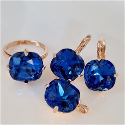 Комплект ювелирной бижутерии коллекция "Дубай" серьги, кулон и кольцо 17 р, покрытие позолота, вставка: искусственный кристалл под Сваровски, цвет: синий, арт.314.813-17