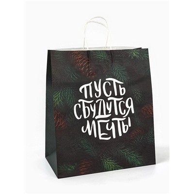 Пакет бумажный подарочный новогодний крафт «Сбудутся мечты» 32×17.5×37 см