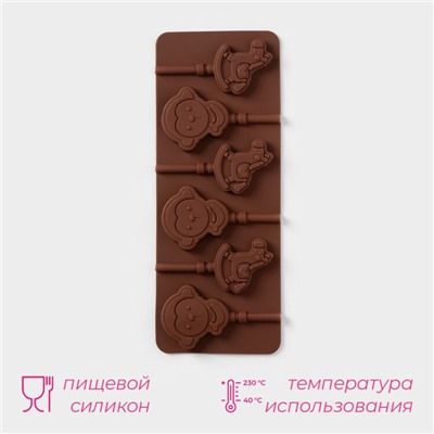 Форма для леденцов Доляна «Детство», силикон, 24×9.5 см, 6 ячеек (5×4.6), с палочками, коричневая